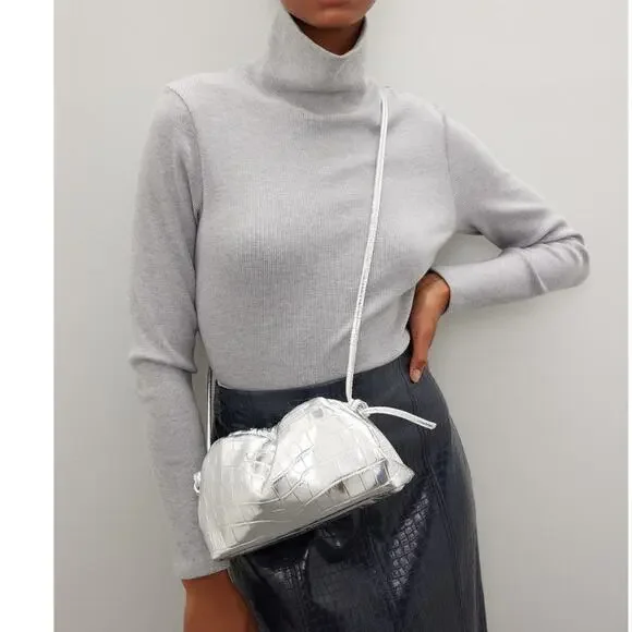 Mansur Gavriel Mini Cloud Clutch Bag Silver Metallic Leather Crossbody Strap - Picture 2 of 15